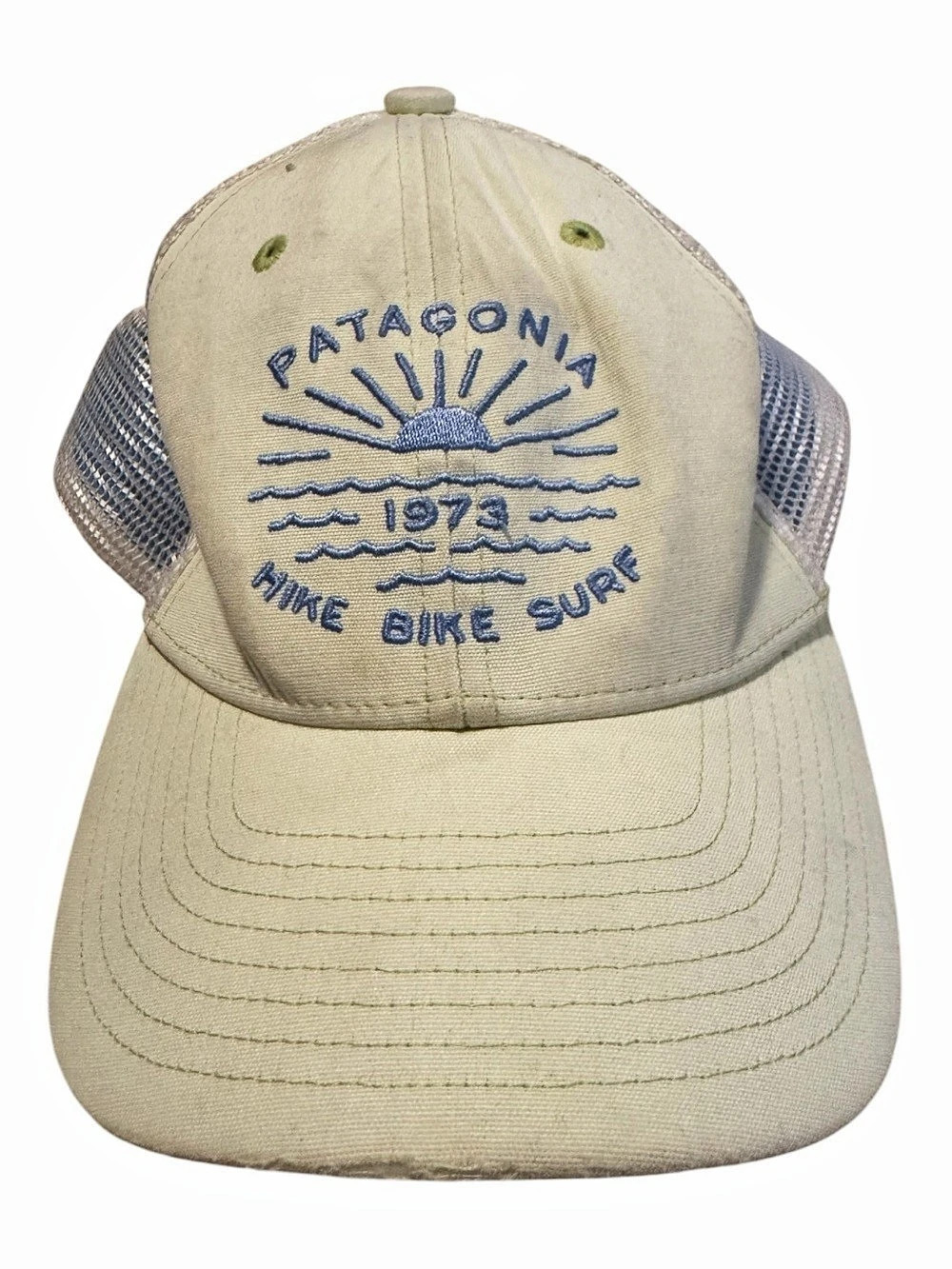 Patagonia Hike Bike Surf 1973 Trucker Hat Beige & Blue